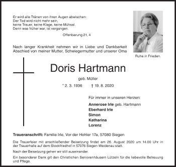 Traueranzeige von Doris Hartmann von Siegener Zeitung
