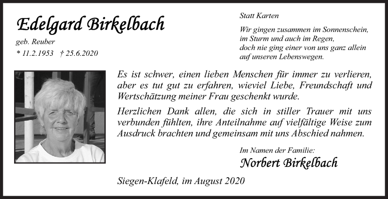  Traueranzeige für Edelgard Birkelbach vom 01.08.2020 aus Siegener Zeitung