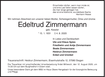 Traueranzeige von Edeltrud Zimmermann von Siegener Zeitung