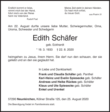 Traueranzeige von Edith Schäfer von Siegener Zeitung