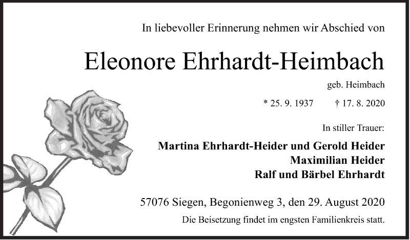  Traueranzeige für Eleonore Ehrhardt-Heimbach vom 29.08.2020 aus Siegener Zeitung