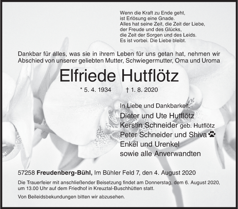  Traueranzeige für Elfriede Hutflötz vom 04.08.2020 aus Siegener Zeitung