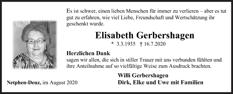  Traueranzeige für Elisabeth Gerbershagen vom 22.08.2020 aus Siegener Zeitung