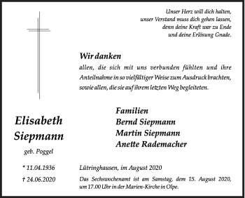 Traueranzeige von Elisabeth Siepmann von Siegener Zeitung