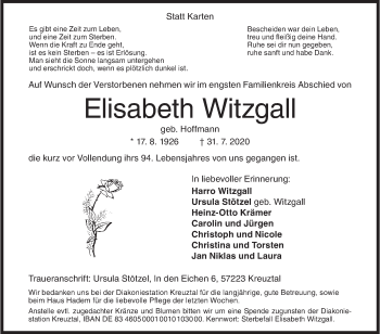 Traueranzeige von Elisabeth Witzgall von Siegener Zeitung