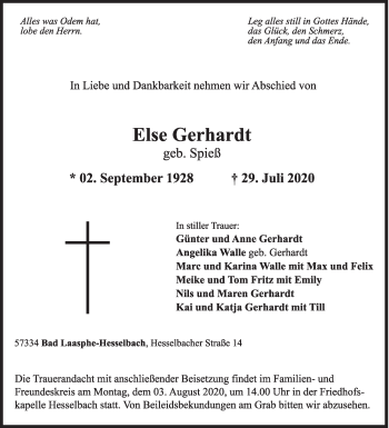 Traueranzeige von Else Gerhardt von Siegener Zeitung