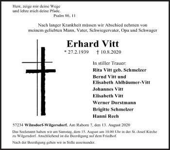 Traueranzeige von Erhard Vitt von Siegener Zeitung