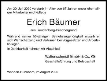 Traueranzeige von Erich Bäumer von Siegener Zeitung
