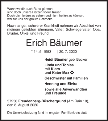 Traueranzeige von Erich Bäumer von Siegener Zeitung
