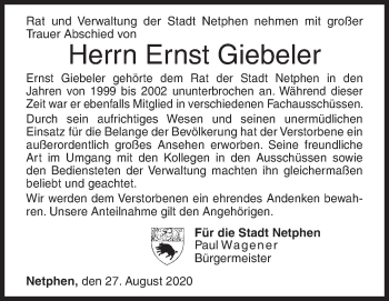 Traueranzeige von Ernst Giebeler von Siegener Zeitung