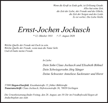 Traueranzeige von Ernst-Jochen Jockusch von Siegener Zeitung