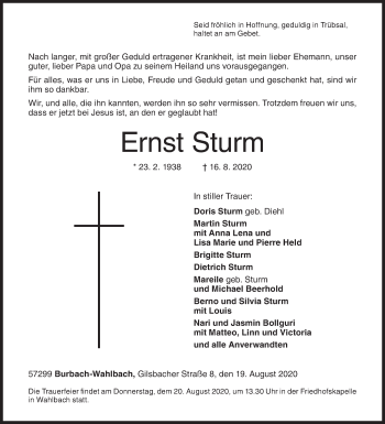 Traueranzeige von Ernst Sturm von Siegener Zeitung
