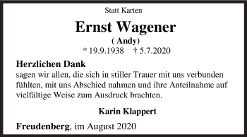 Traueranzeige von Ernst Wagener von Siegener Zeitung