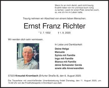 Traueranzeige von Ernst Franz Richter von Siegener Zeitung