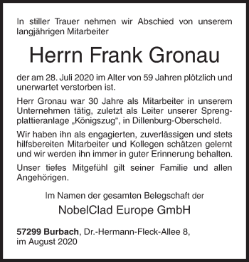Traueranzeige von Frank Gronau von Siegener Zeitung