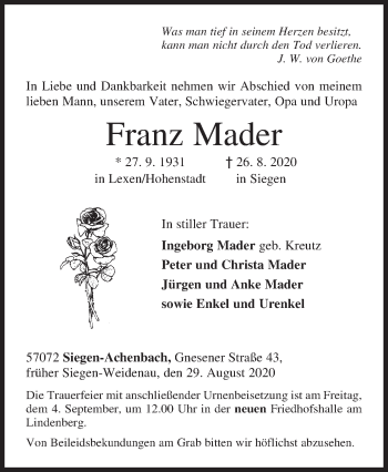 Traueranzeige von Franz Mader von Siegener Zeitung