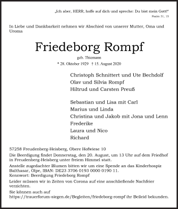 Traueranzeige von Friedeborg Rompf von Siegener Zeitung