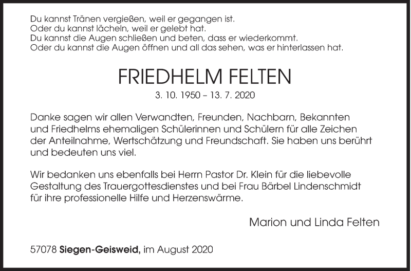  Traueranzeige für Friedhelm Felten vom 29.08.2020 aus Siegener Zeitung