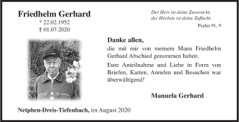 Traueranzeige von Friedhelm Gerhard von Siegener Zeitung