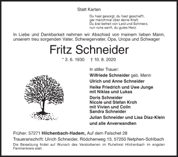 Traueranzeige von Fritz Schneider von Siegener Zeitung