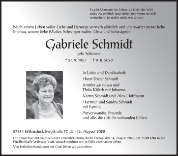 Traueranzeige von Gabriele Schmidt von Siegener Zeitung