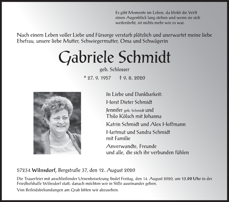  Traueranzeige für Gabriele Schmidt vom 12.08.2020 aus Siegener Zeitung