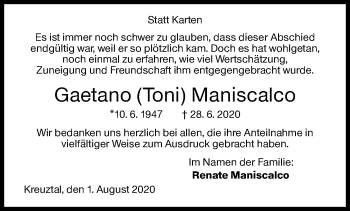Traueranzeige von Gaetano Maniscalco von Siegener Zeitung