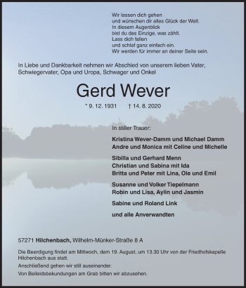 Traueranzeige von Gerd Weye von Siegener Zeitung