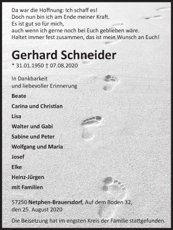 Traueranzeige von Gerhard Schneider von Siegener Zeitung