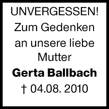 Traueranzeige von Gerta Ballbach von Siegener Zeitung