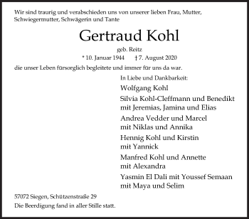 Traueranzeige von Gertraud Kohl von Siegener Zeitung