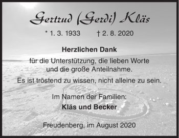Traueranzeige von Gertrud Kläs von Siegener Zeitung
