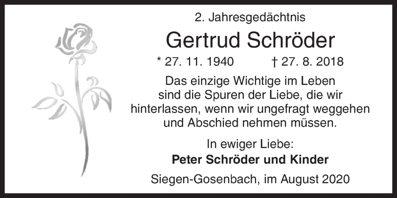  Traueranzeige für Gertrud Schröder vom 27.08.2020 aus Siegener Zeitung