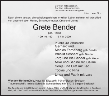 Traueranzeige von Grete Bender von Siegener Zeitung
