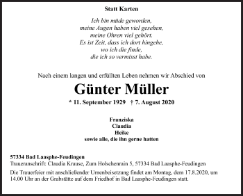 Traueranzeige von Günter Müller von Siegener Zeitung