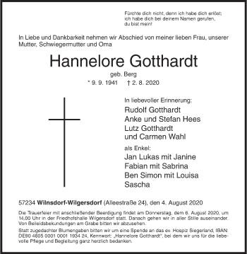 Traueranzeige von Hannelore Gotthardt von Siegener Zeitung