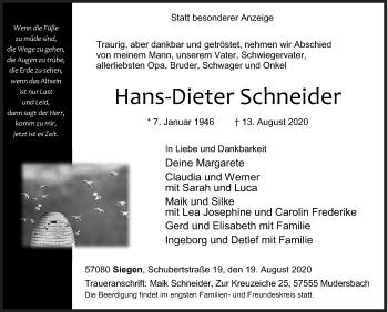 Traueranzeige von Hans-Dieter Schneider von Siegener Zeitung