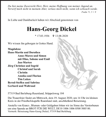 Traueranzeige von Hans-Georg Dickel von Siegener Zeitung