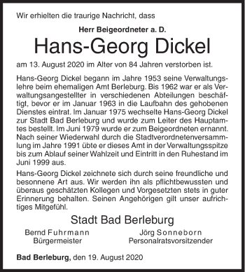 Traueranzeige von Hans-Georg Dickel von Siegener Zeitung
