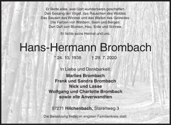 Traueranzeige von Hans-Hermann Brombach von Siegener Zeitung