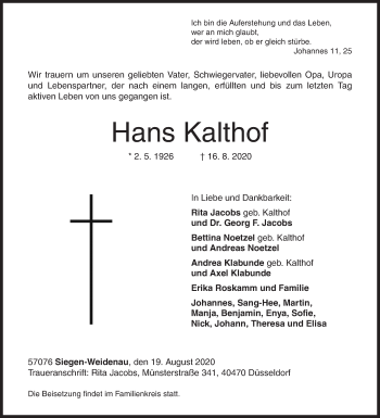 Traueranzeige von Hans Kalthof von Siegener Zeitung