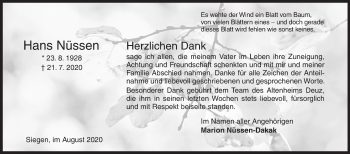 Traueranzeige von Hans Nüssen von Siegener Zeitung