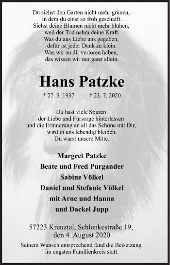 Traueranzeige von Hans Patzke von Siegener Zeitung