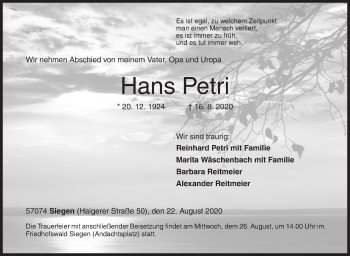 Traueranzeige von Hans Petri von Siegener Zeitung
