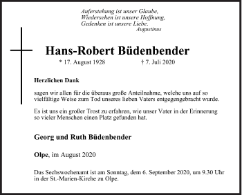 Traueranzeige von Hans-Robert Büdenbender von Siegener Zeitung