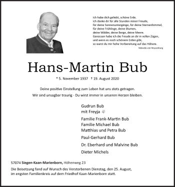 Traueranzeige von Hans Martin Bub von Siegener Zeitung