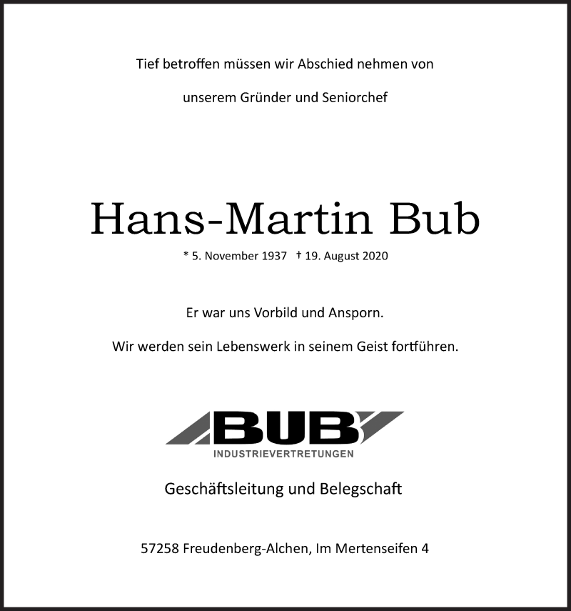  Traueranzeige für Hans Martin Bub vom 29.08.2020 aus Siegener Zeitung