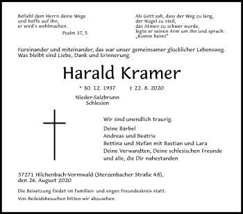 Traueranzeige von Harald Kramer von Siegener Zeitung