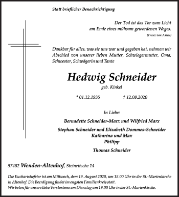 Traueranzeige von Hedwig Schneider von Siegener Zeitung