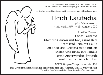 Traueranzeige von Heidi Lautadia von Siegener Zeitung
